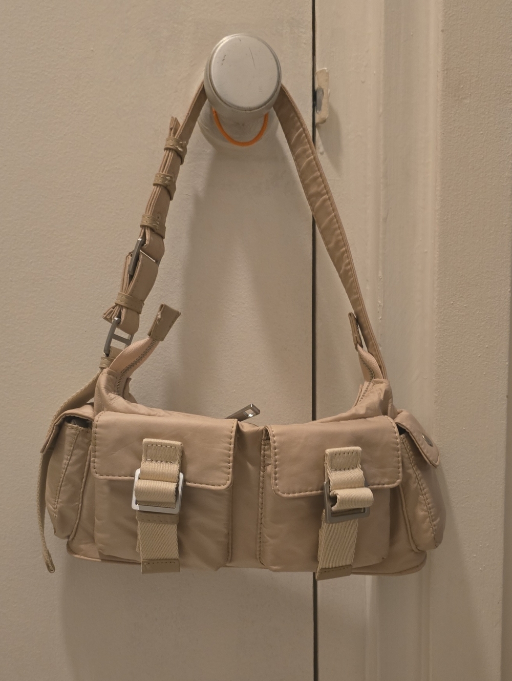 Zara Beige Shoulder Bag with Front Buckle Pockets